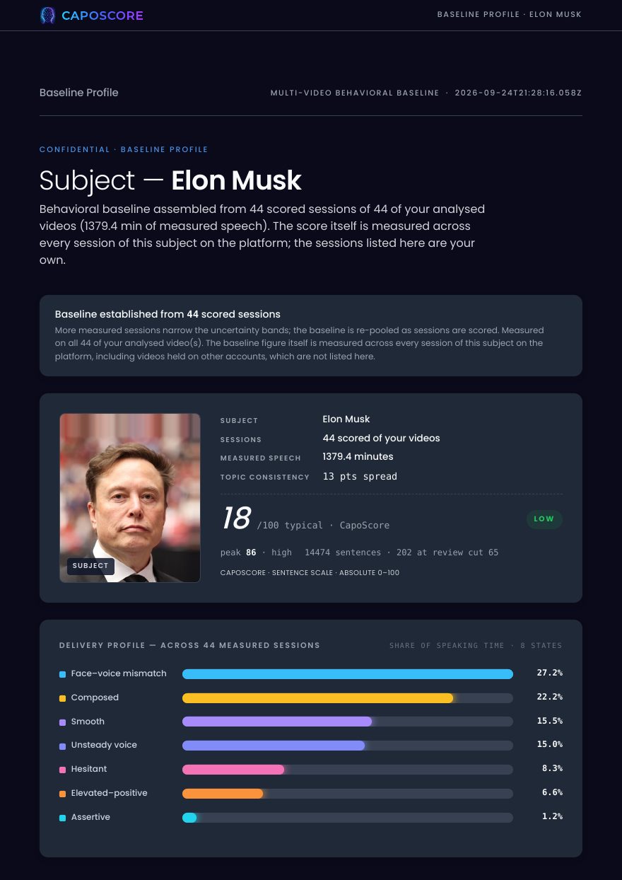Elon Musk — first page of the CapoScore report